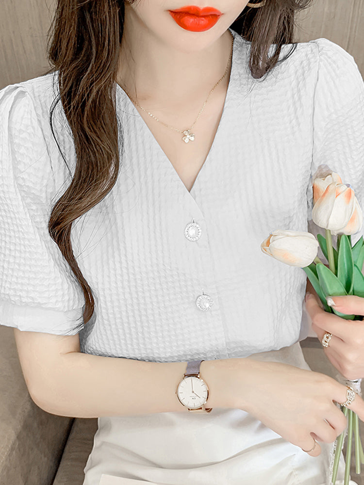 Women's New Temperament V Neck Puff Sleeve Top Short Sleeve Shirt