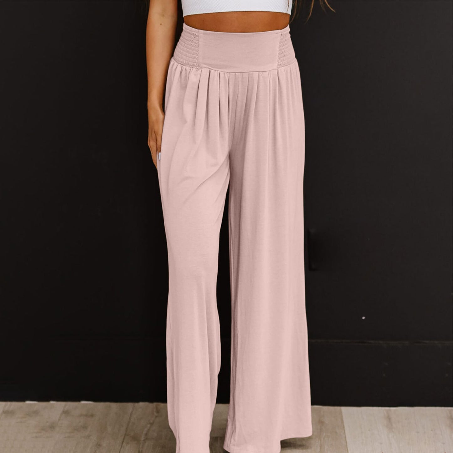 Women's Casual Cotton And Linen Smocking Distressed Mid-waist Trousers