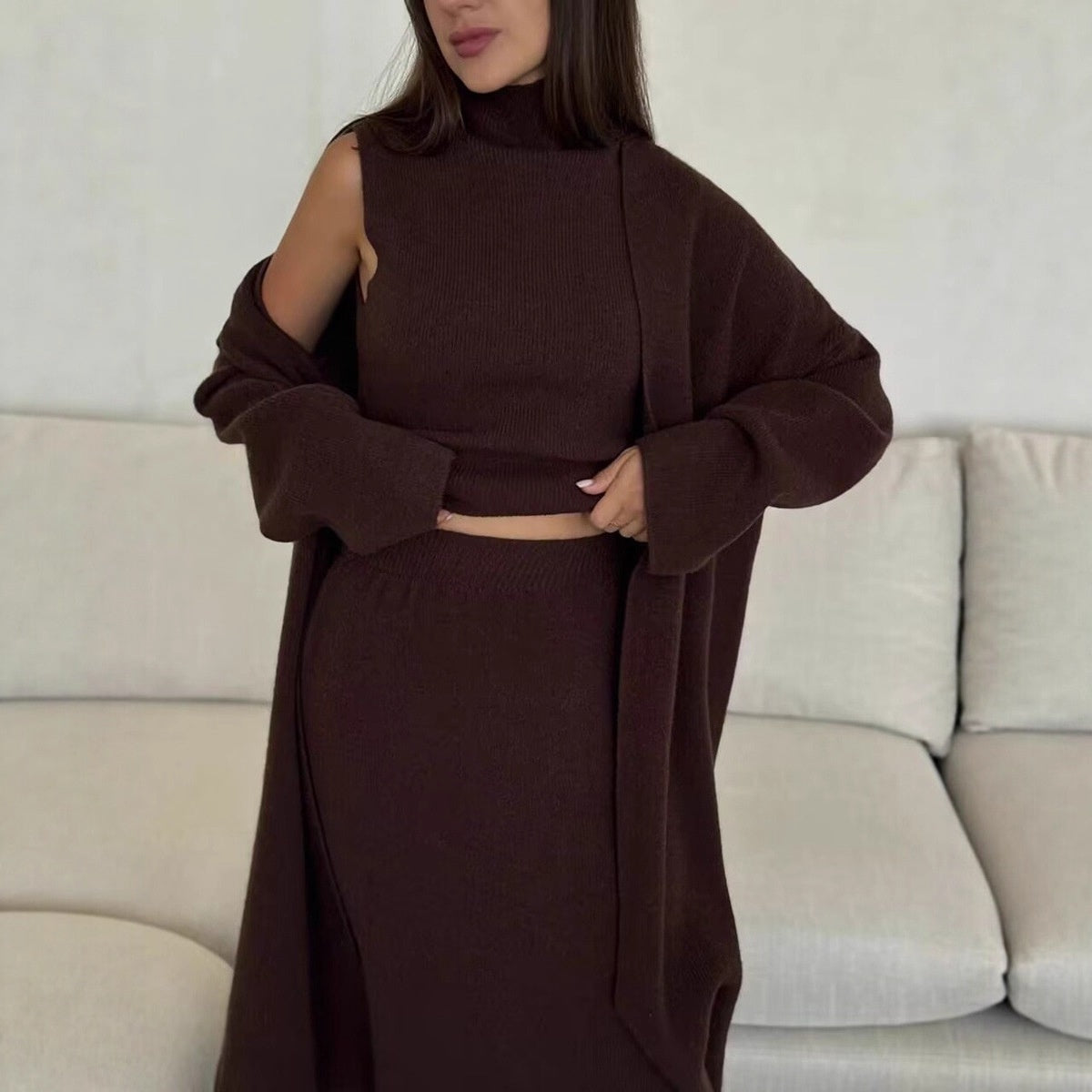 Turtleneck Sleeveless Vest Top And Fishtail Skirt Match Long Cardigan Three-piece Set