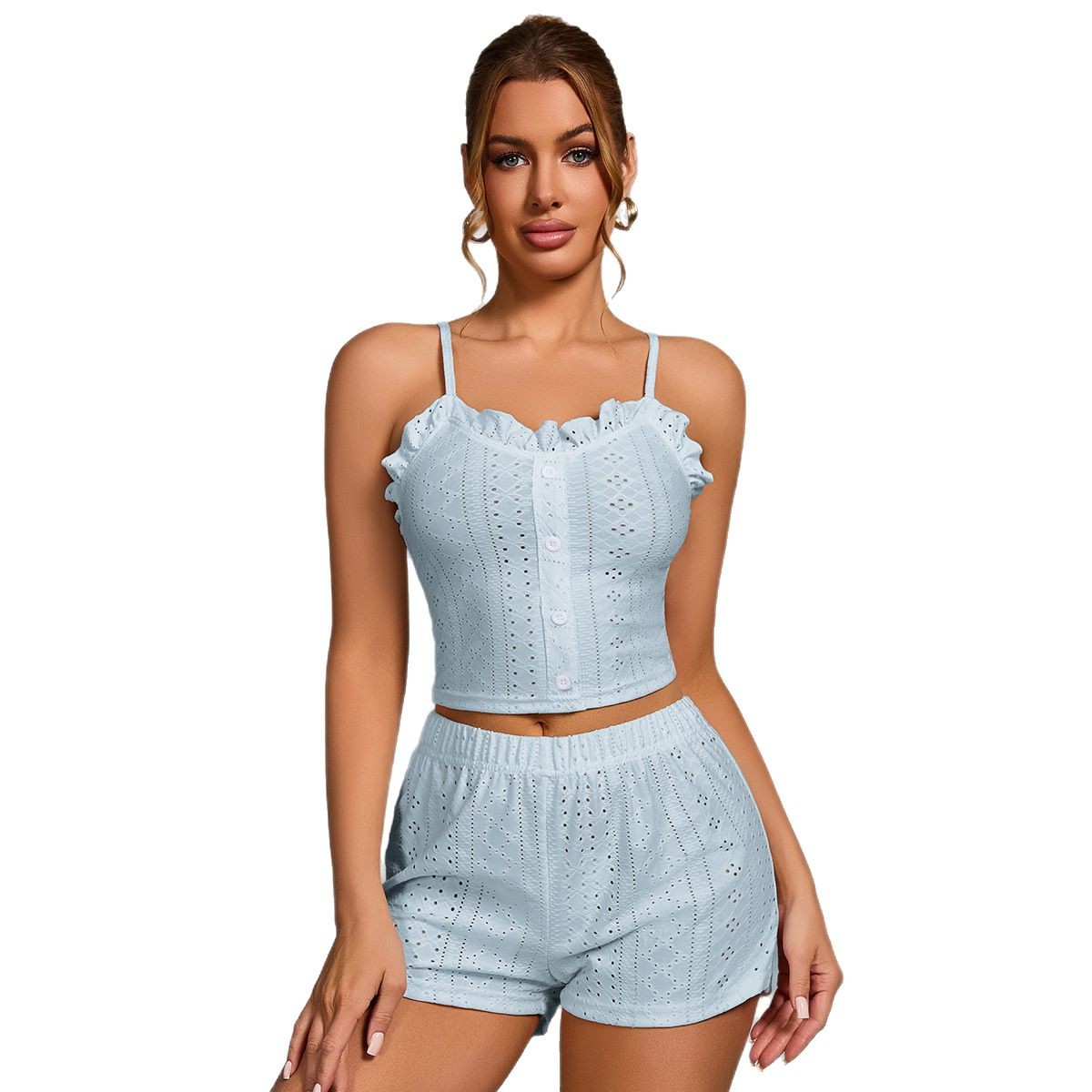Strap-button Ruffle Crop Top And Shorts Set