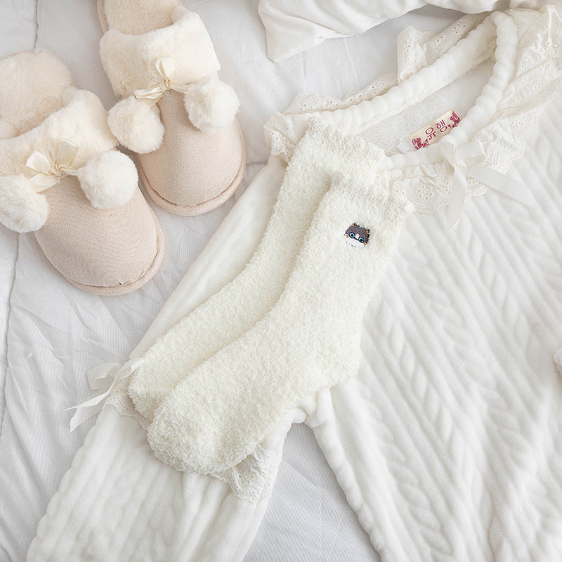 Half Velvet Socks Embroidered Squirrel Middle Tube Thick Warm Towel Socks