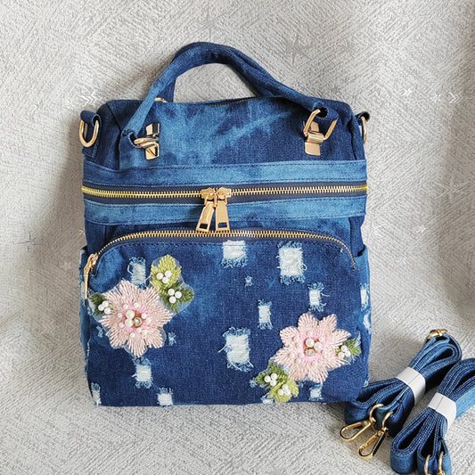 Frayed Flower Denim Backpack Large Capacity Multifunctional Hand Bill Shoulder Bag
