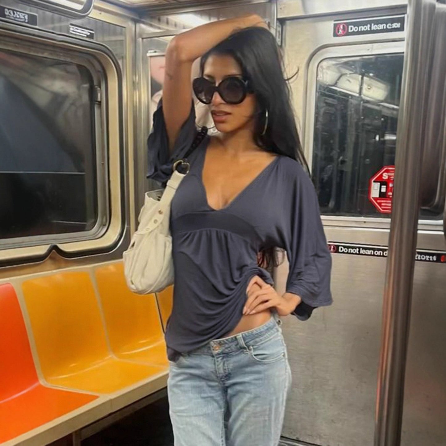 Sexy Deep V-neck Trumpet Mid-length Sleeve Top For Women