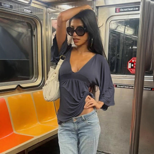 Sexy Deep V-neck Trumpet Mid-length Sleeve Top For Women