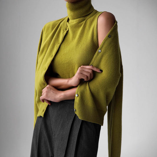 Womens Turtleneck Sleeveless Base Layer Top Sweater Cardigan Set