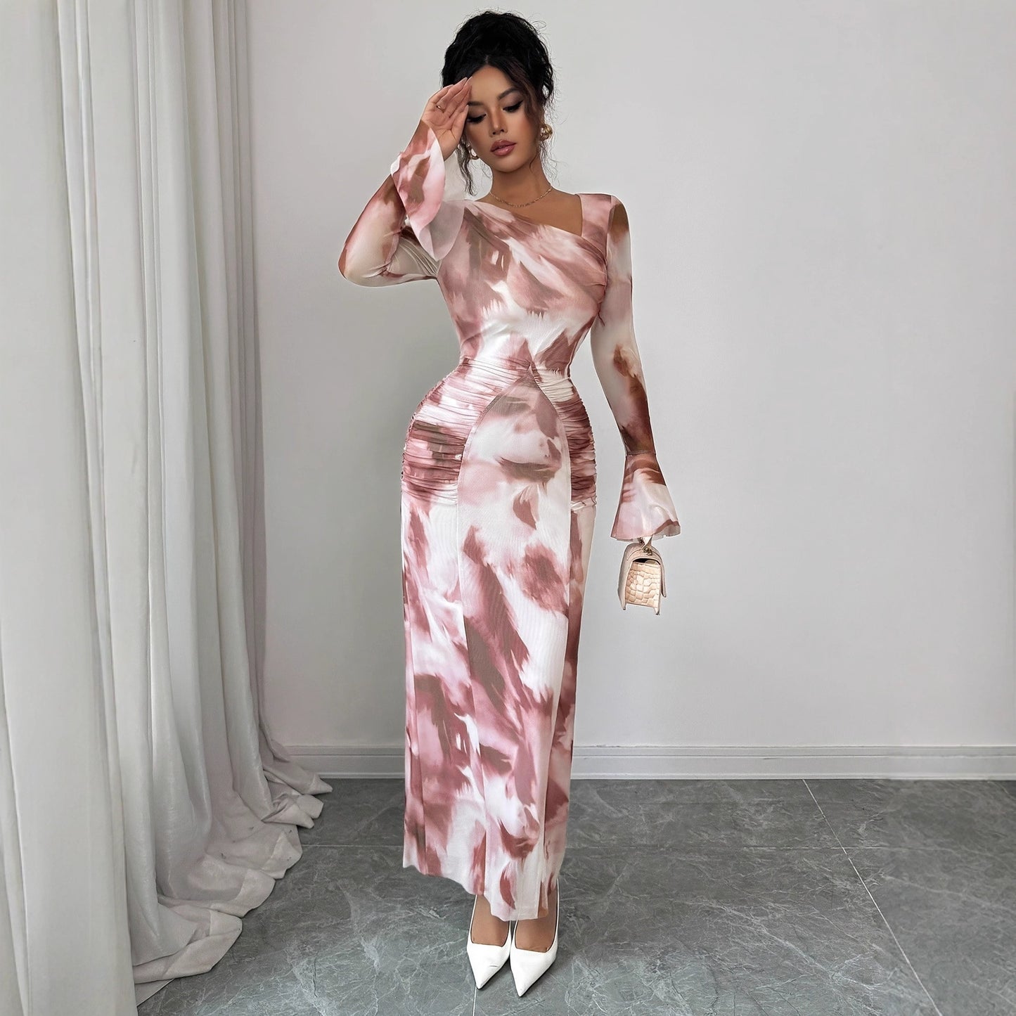 Elegant Tie-dye Printed Mesh-design Dress