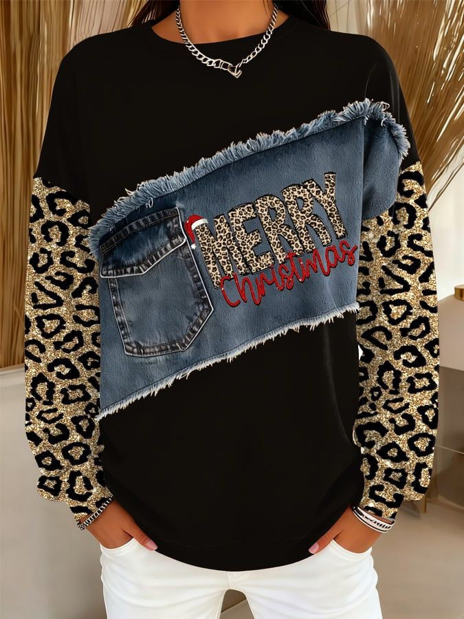 Womens Retro Crew-Neck Long-Sleeve Sweatshirt Top