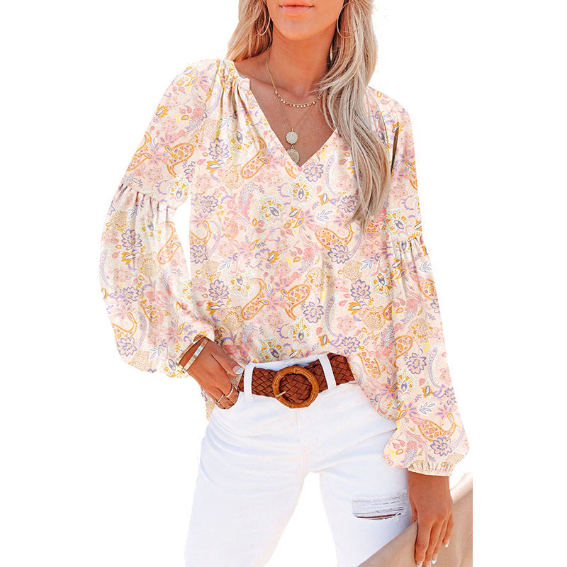 Dames Floral Chiffon Skjorte Løs V-hals Casual Top