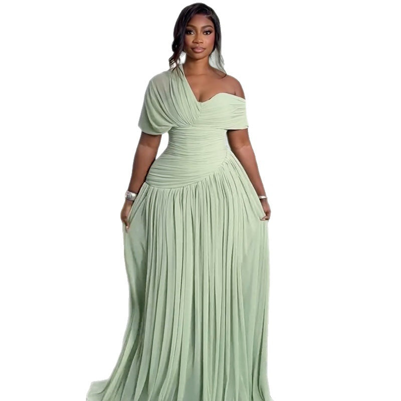 Slant-neck Pleated Lace-up Waist-cinched Long Short-sleeve Dress
