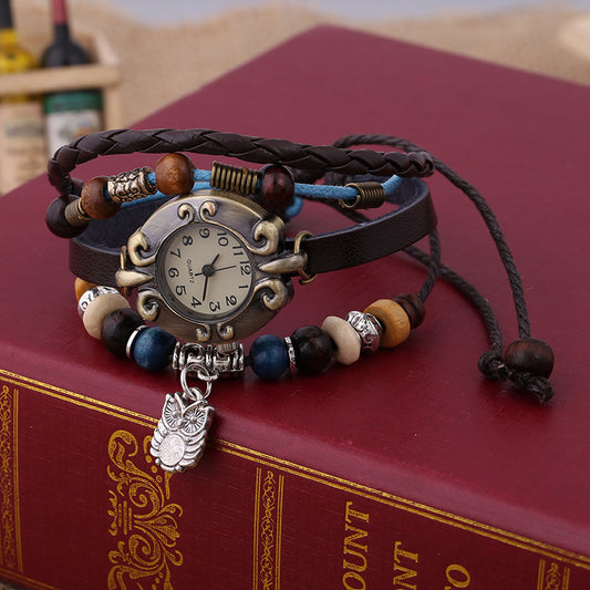 Dame Quartz Ur Elegant Perlebesat Mode Læder Armbånd