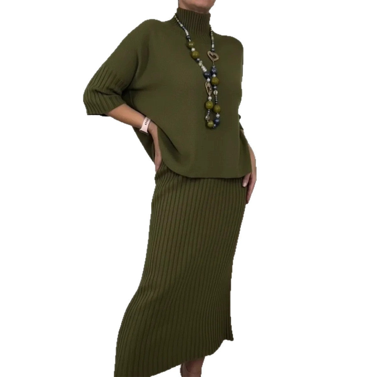 Womens Solid-Color Elegant High-Neck Knitted Sweater And Skirt Two-Piece Set