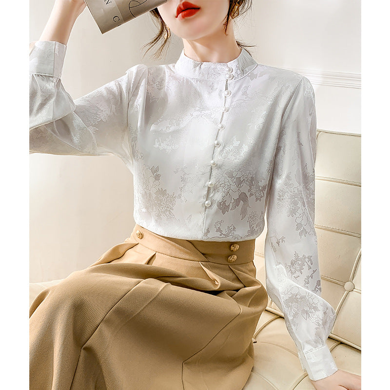 Stand Collar Long Sleeve Shirt Women's Design Beaded Western Style Inner Bottoming Top