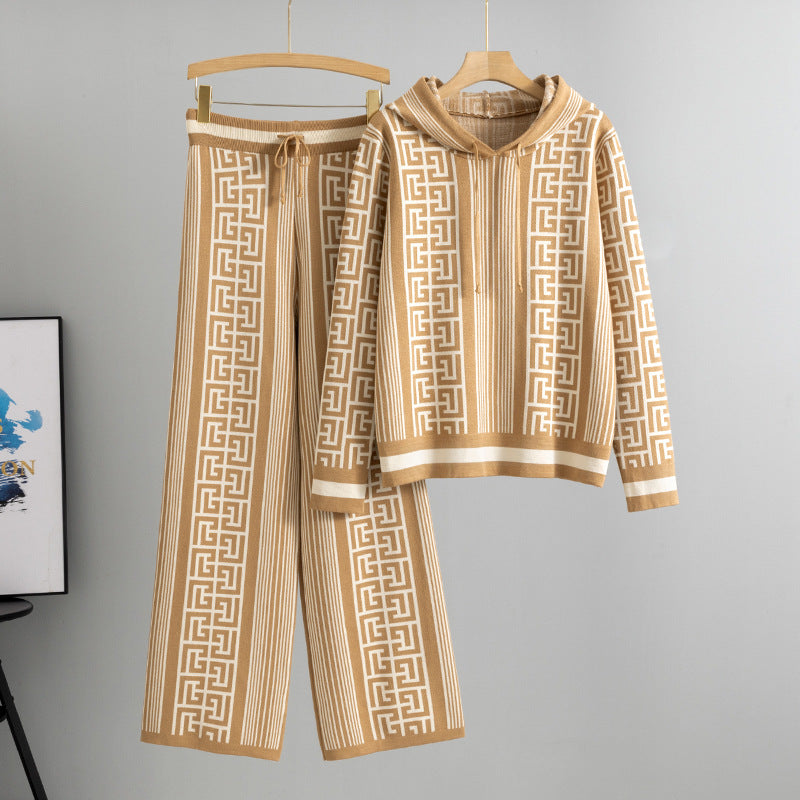 Temperament Hooded Sweater Younger Pullover Wide Leg Pants Knitting Suit