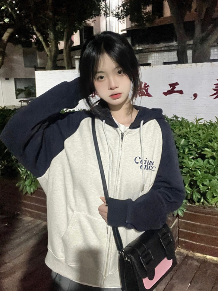 Women's American Retro Contrast Color Hooded Sweatshirt Loose Cardigan Coat