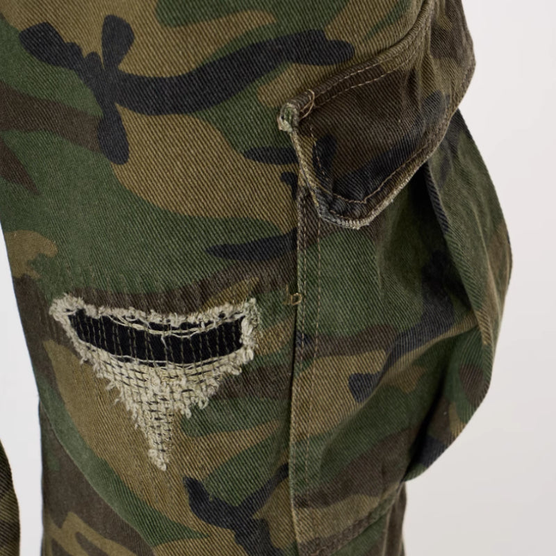 Retro Patch Ripped Camouflage Cropped Pants For Women Summer New
