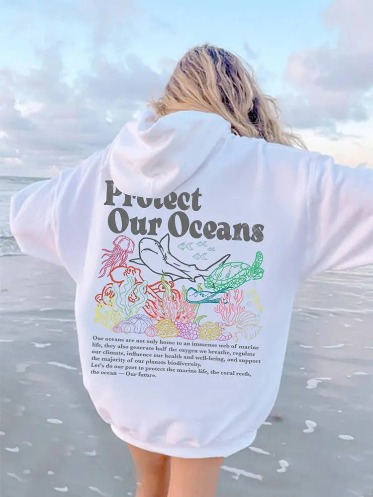 Sweater til kvinder, løs pasform, Protect Our Oceans hættetrøje