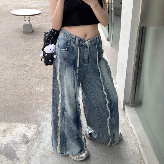 Retro High Waist Slimming Raw Edges Design Stitching Jeans