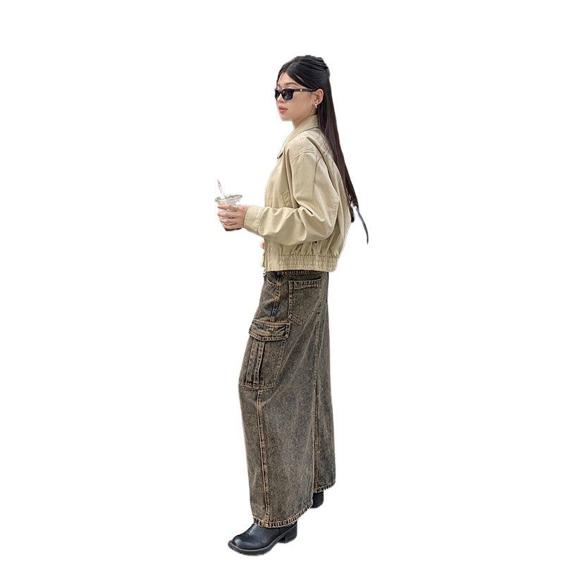 Large Pocket Design High Waist Mid-length Hip Skirt Heavy Industry Cement Yellow Do The Old Cowboy Skirt