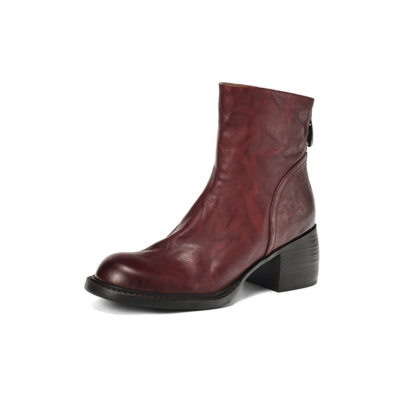 French-Style Retro Brown Round-Toe Ankle Boots