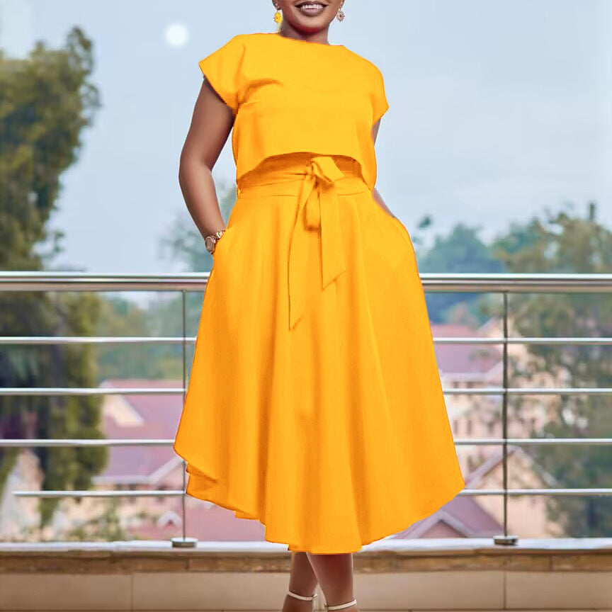 Solid Color Top Big Hem Skirt Two-piece Set
