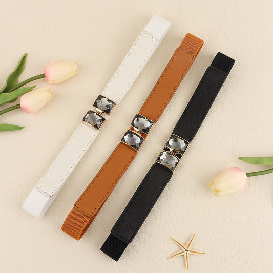 New Diamond-encrusted Women's Elastic Elastic Belt Rhinestones Shiny All-matching Fine Belt Perforation-free Multi-color Skirt Suit Waist Decoration