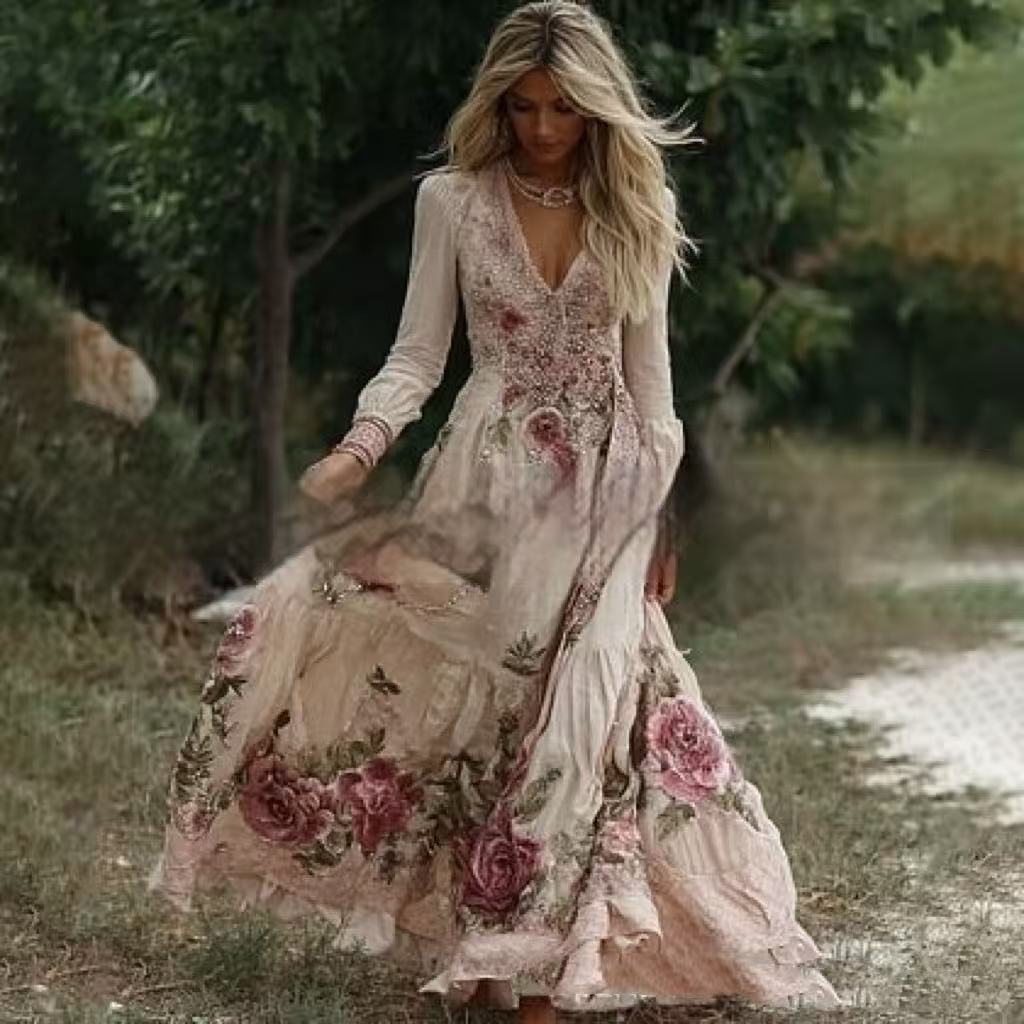 Kvinders Stilfulde og Elegante Blomstrede Langærmede Kjole