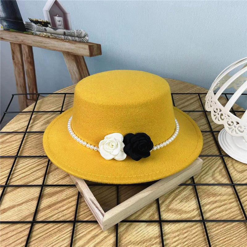 Vintage Hattedame Perlekæde Blomster Uld Flad Hat