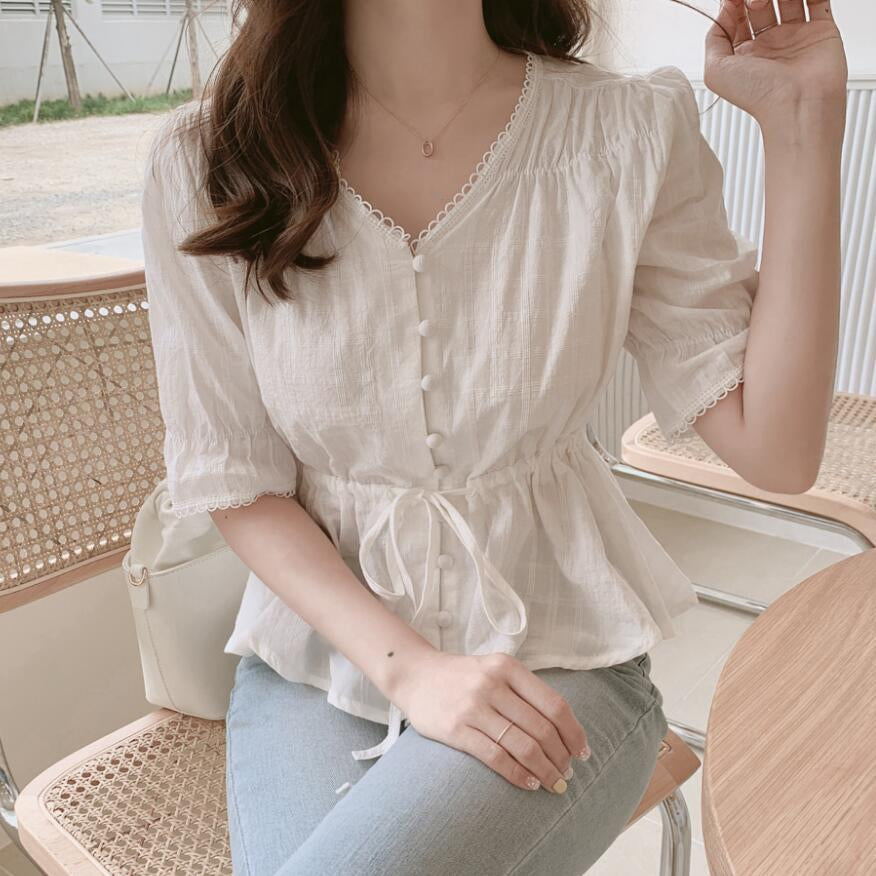New Sweet Women'S Shirt V-Neck Waist Closing Lace Patchwork Shirt