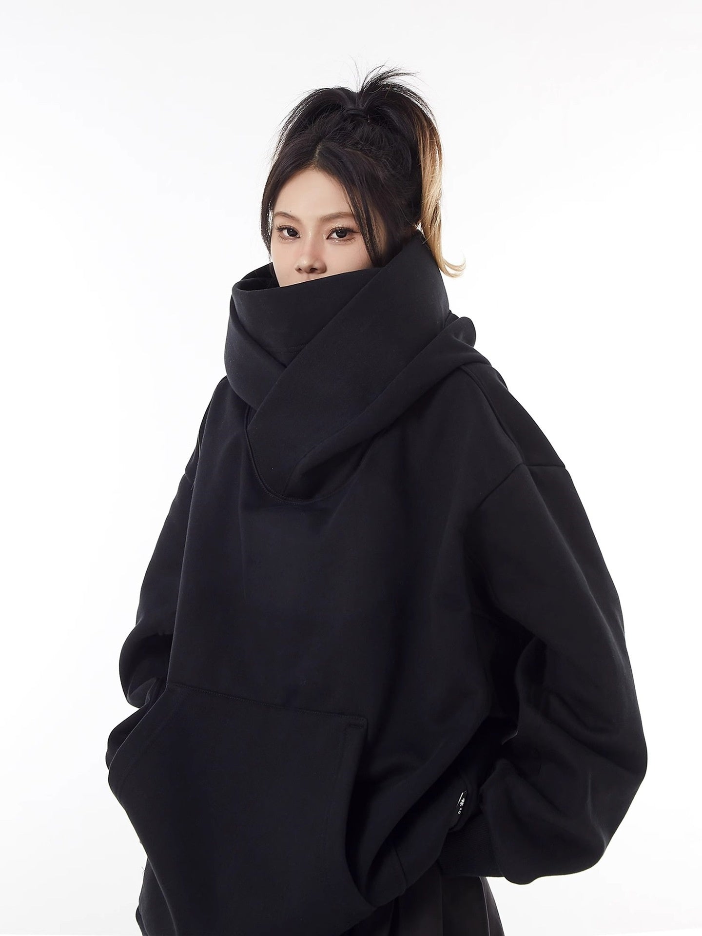 Loose High Collar Hooded Fleece Lined Sweater