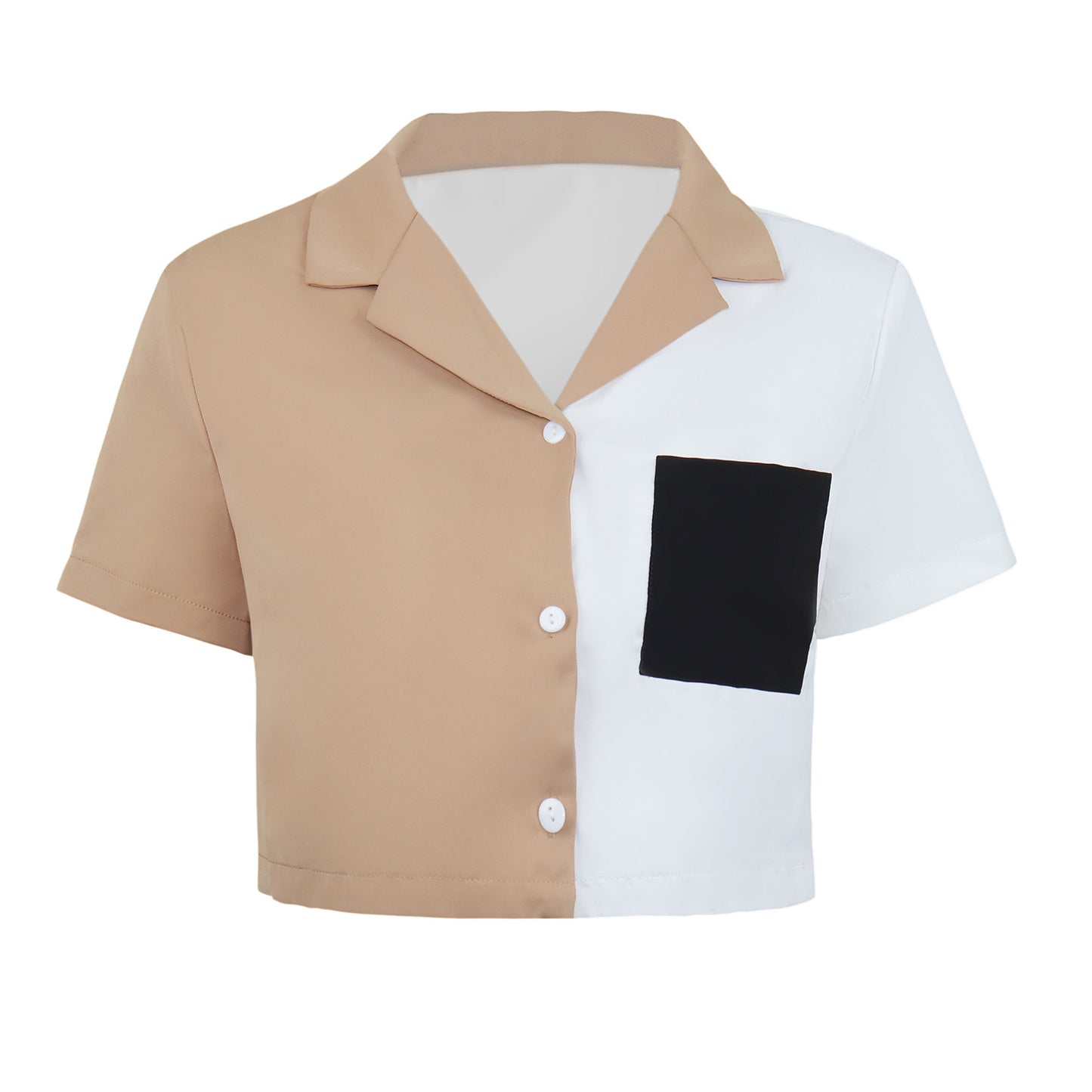 Contrast Paneled Crop Top Pocket Single Breasted Short Sleeve Shirt