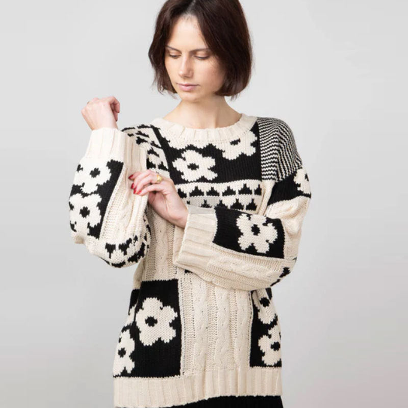 Square Flower Casual Loose Round Neck Pullover Sweater