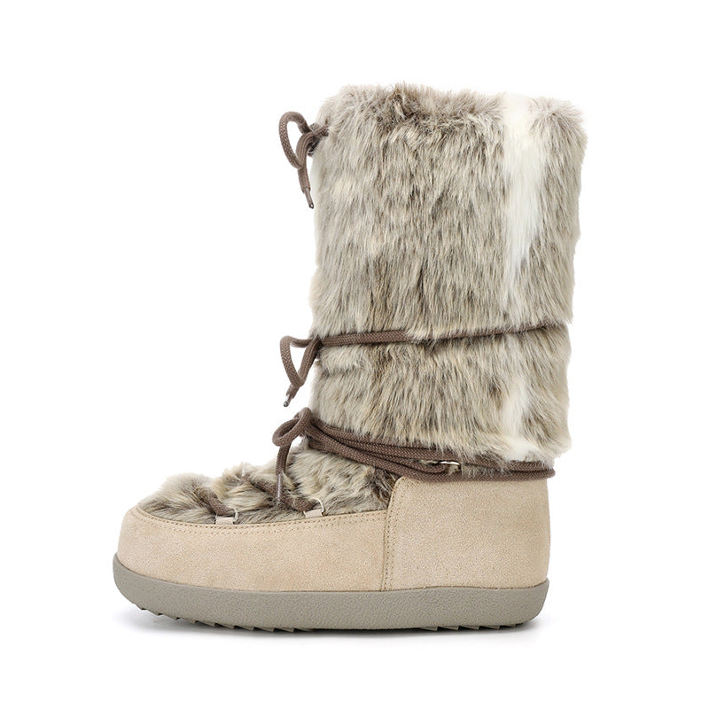 Womens Casual Thin-Strapped Insulated Flat-Heeled Mid-Calf Snow Boots