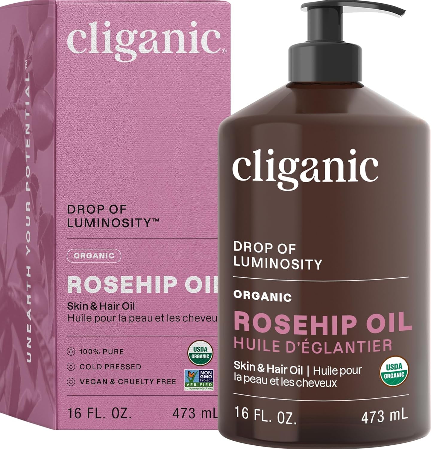 Organic Rosehip Seed Oil for Face, 100% Pure | Natural Cold Pressed Unrefined Non-Gmo | Carrier Oil for Skin, Hair & Nails (Packaging May Vary)