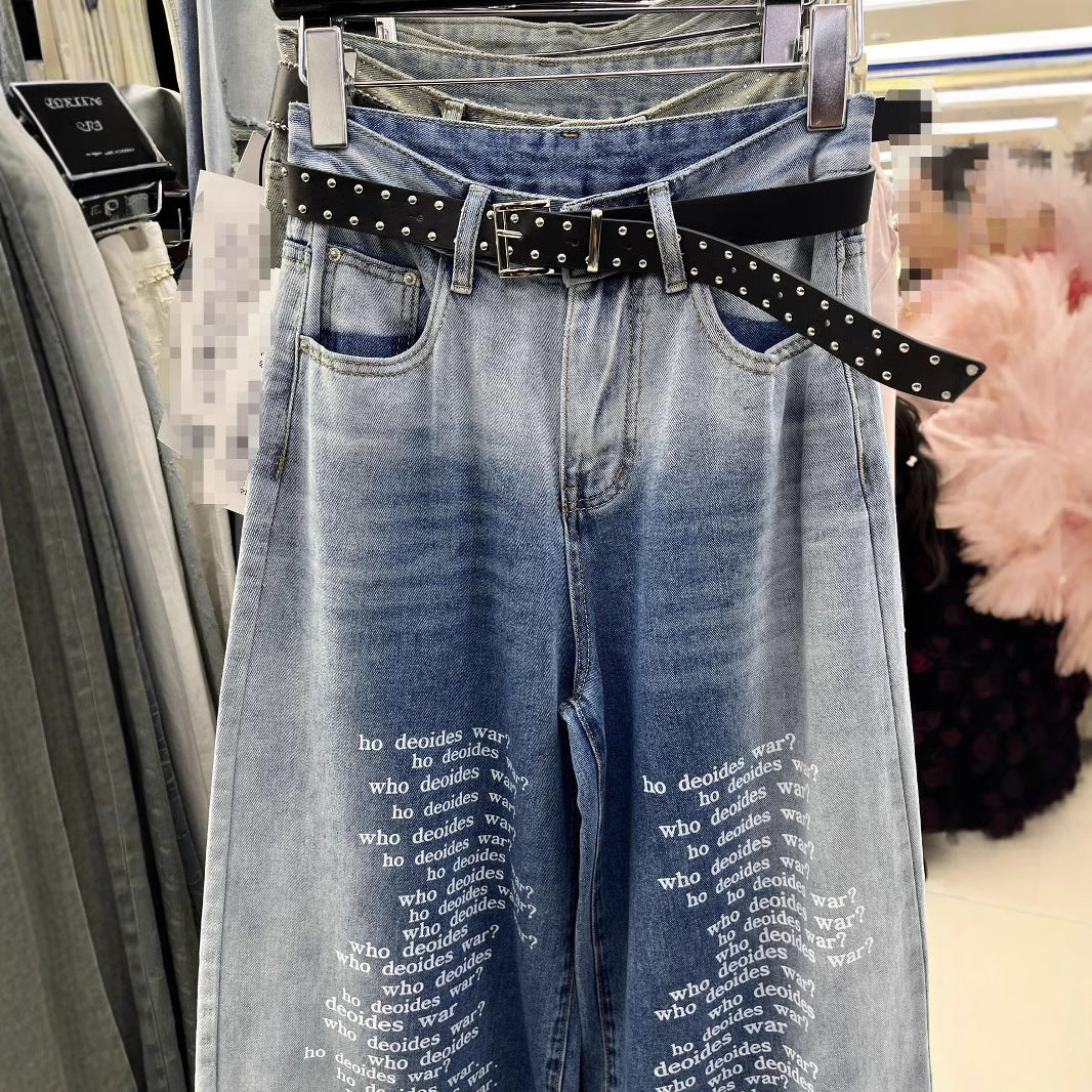 Shadow Washed Slim Fit Letter Wide Leg Jeans