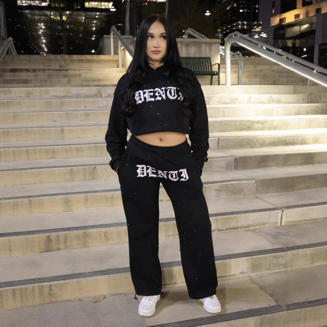 Women's Fashionable Printed Letter And Rhinestone Casual Sportswear Set
