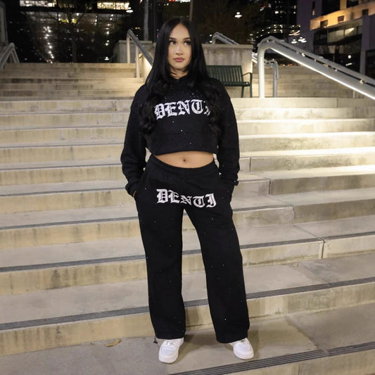 Women's Fashionable Printed Letter And Rhinestone Casual Sportswear Set