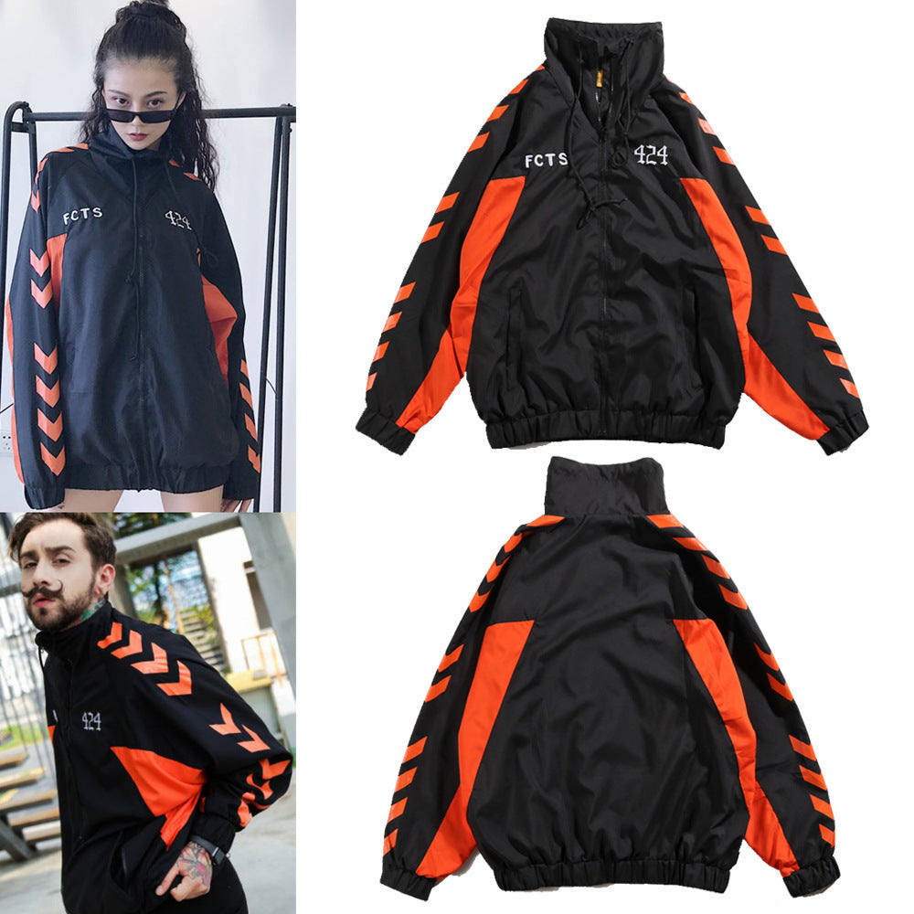 Retro String Standard Color Block Hooded Net Red Windbreaker
