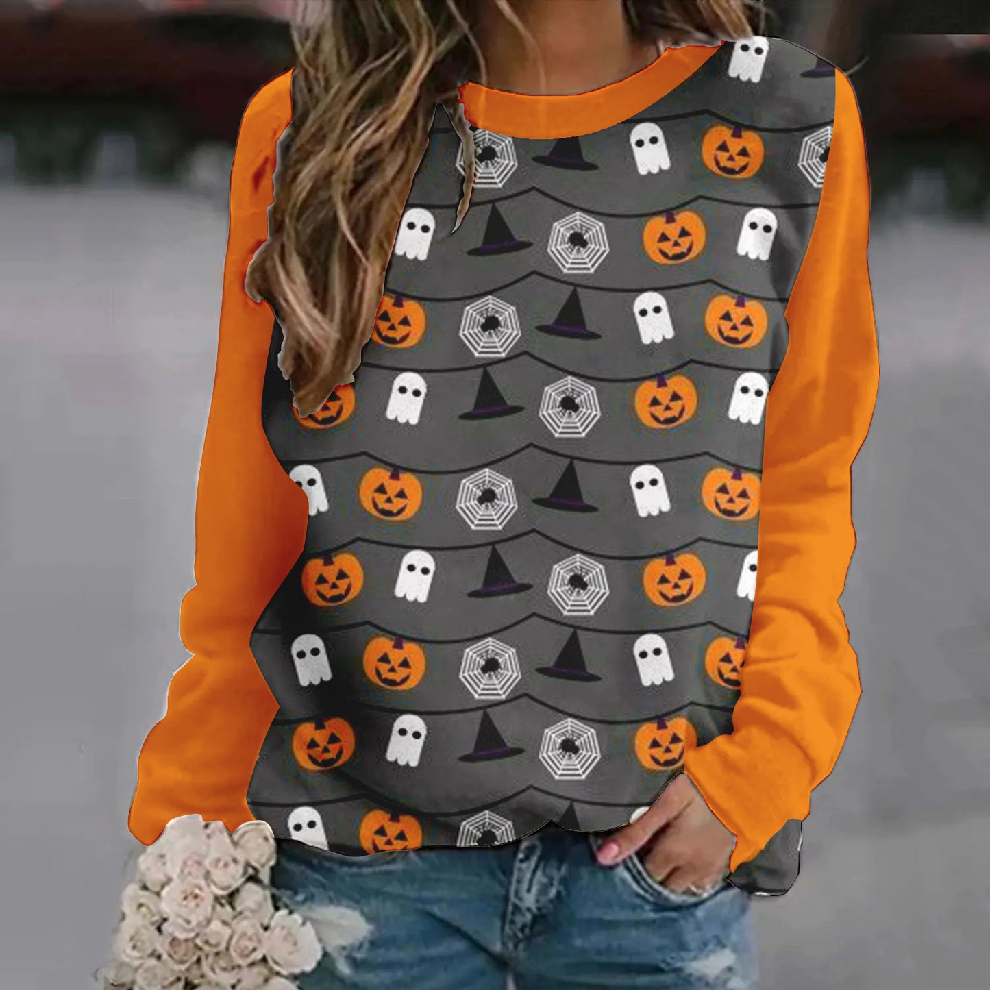Dame Halloween-sweatshirt med tryk og raglanærmer