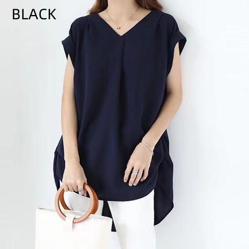 Women's Loose V-neck Short Sleeve Pleated Irregular Stitching Shirt