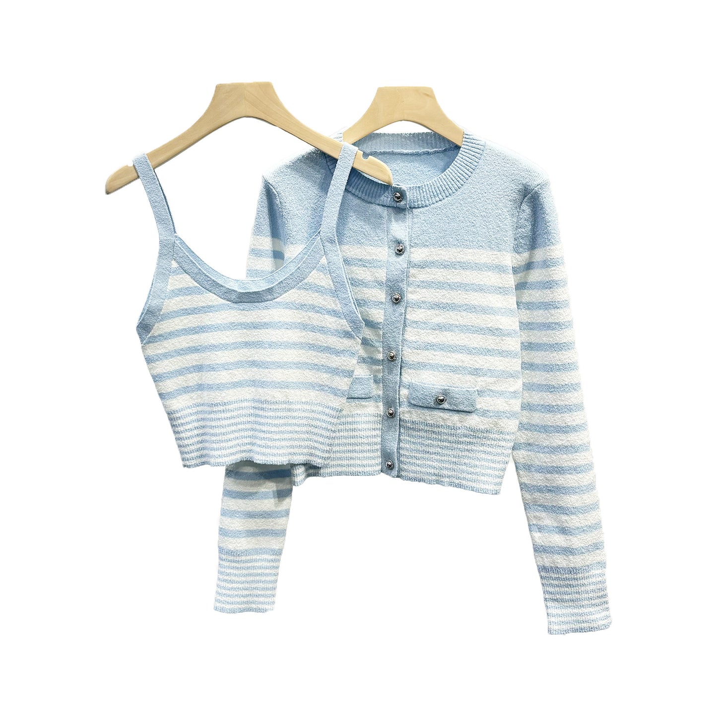 Womens Blue And White Striped Knitted Cardigan And Camisole Two-Piece Set