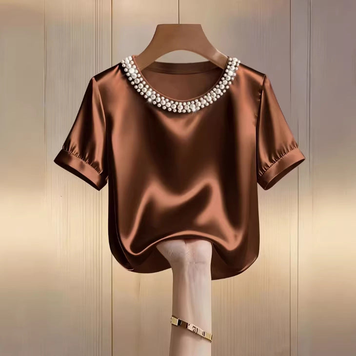 Sleek Stylish And Elegant Beaded Crew-neck Short-sleeve T-shirt