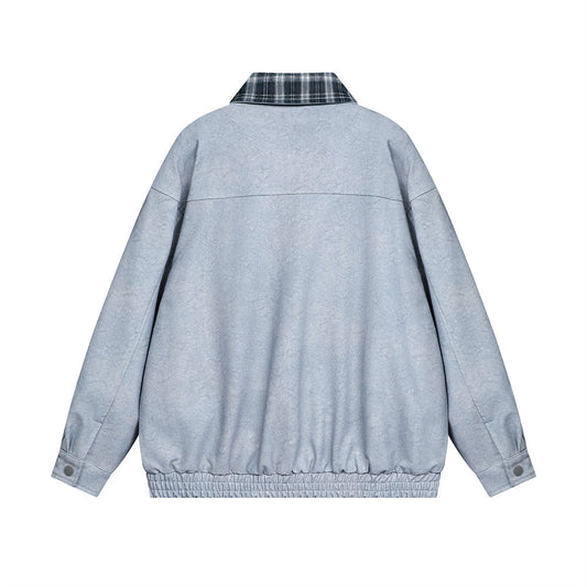 Stitching Plaid Lapel Leather Coat Men