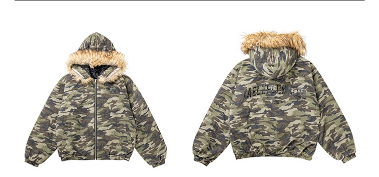 American Retro Heavy Big Fur Collar Hooded Camouflage Cotton Jacket