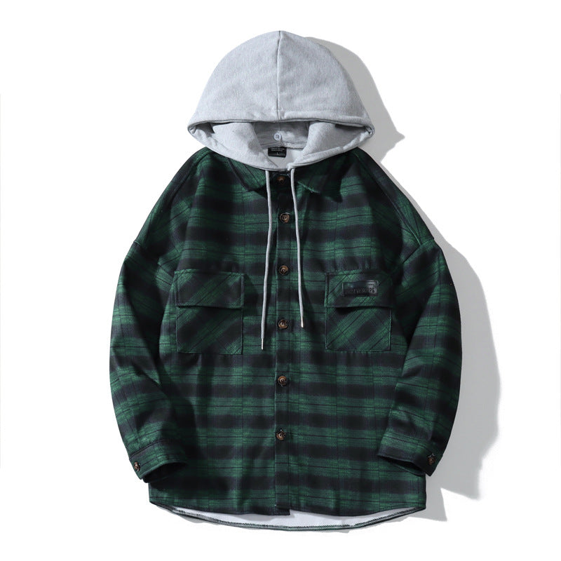 Hooded Plaid Shirt Men's Loose Casual Jacket Student