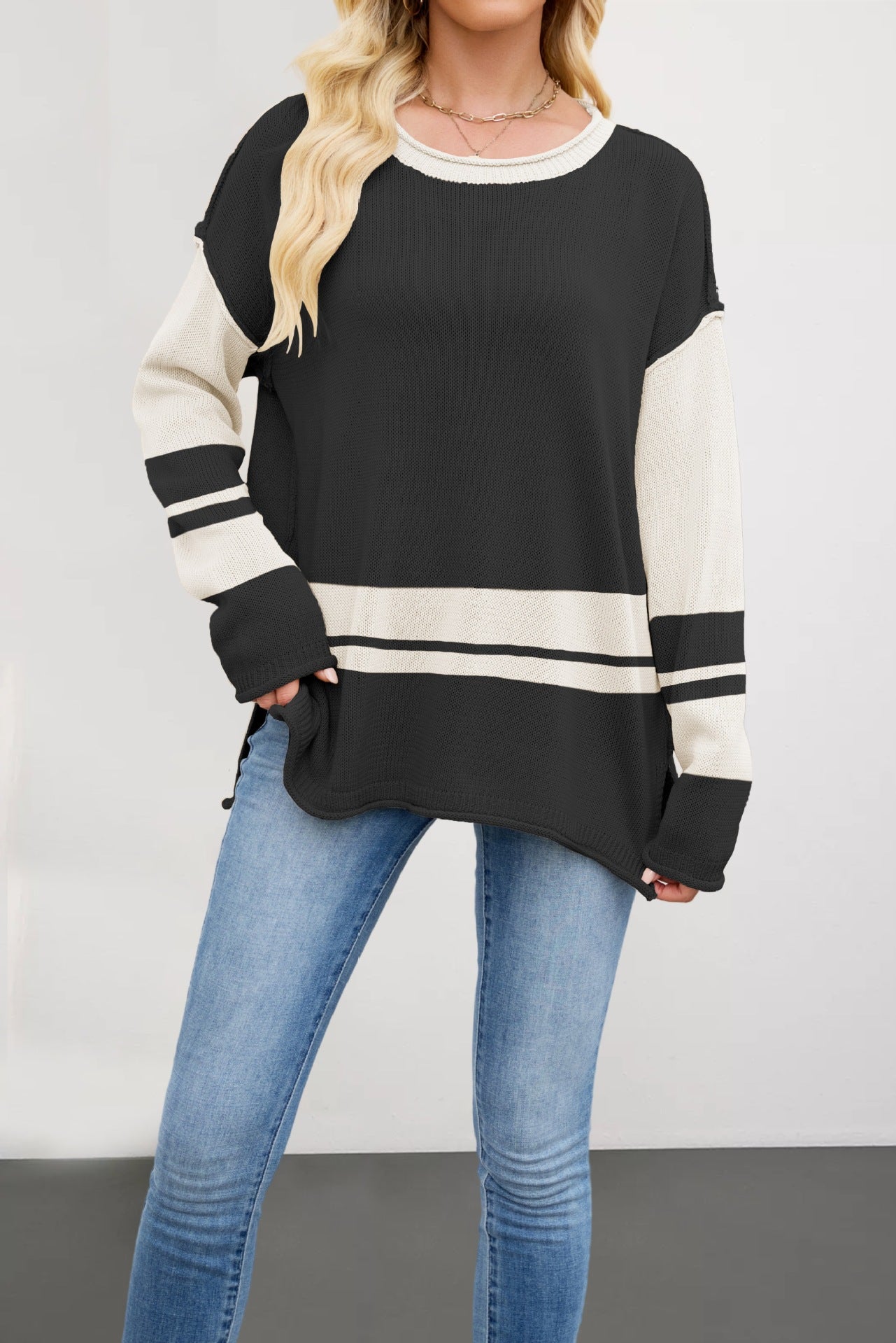 Color-block Crew Neck Loose Versatile Jumper
