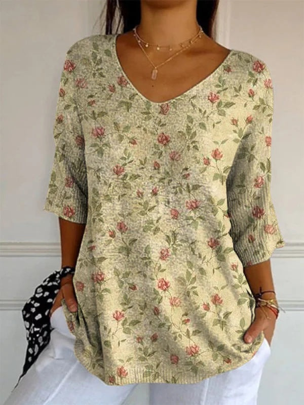 Elegant Retro Womens Casual Floral Print V-Neck Long-Sleeve Top