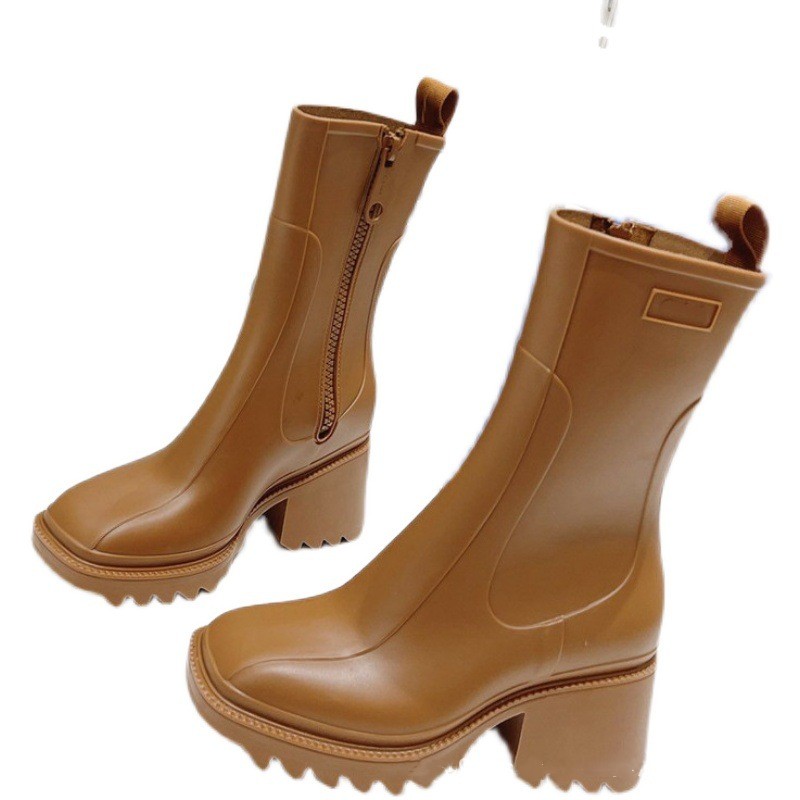 Fashion Square Toe Solid Color All-match Zipper To Increase The Tide Of Thick-soled Mid-tube Rain Boots