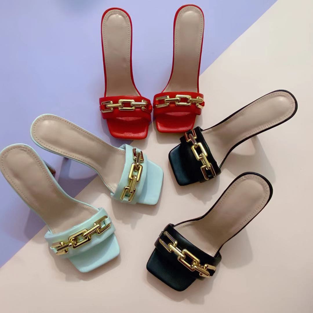 Sandals And Slippers Fashion Square Chain High Heel