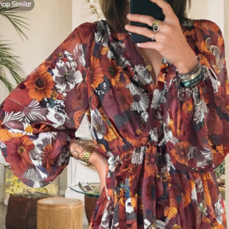 Printed V-neck Puff Sleeve Dress
