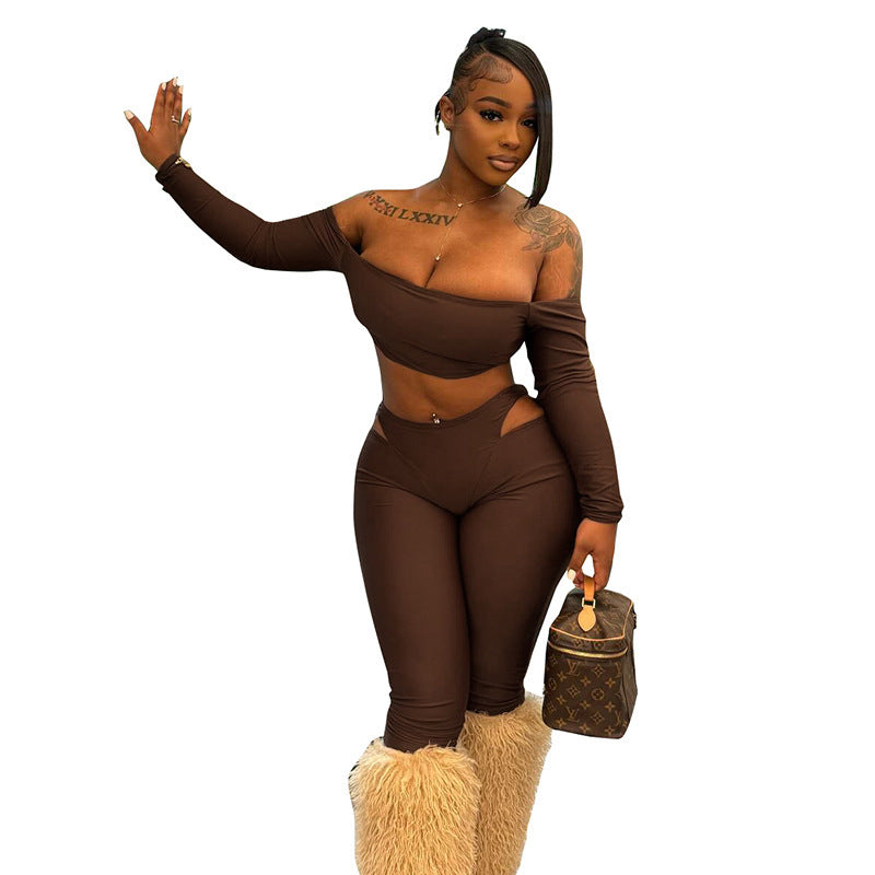 Spicy Girl Off-shoulder Long-sleeve Crop Top And Hollow-out Tight Pants Set